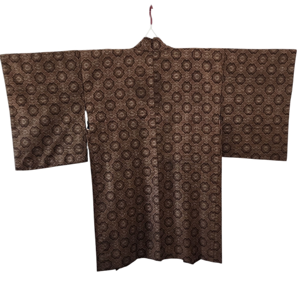 Vintage kimono silk hand stitched haori jacket brown floral lining -K11 - Picture 4 of 16